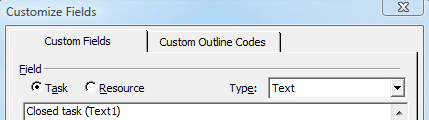 Section of the Customize Fields window in Microsoft project.