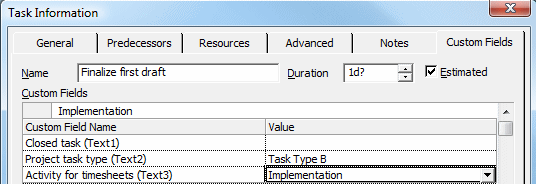 Section of the Task Information window in Microsoft Project.