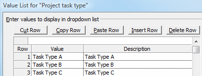 Section of the Value list window in Microsoft project.