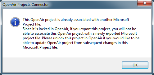 Locked OpenAir project warning dialog in Microsoft Project using the OpenAir toolbar add-in.