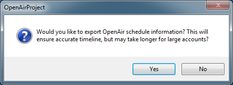 Schedule information export dialog in Microsoft Project using the OpenAir toolbar add-in.