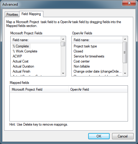 Advanced OpenAir Import Settings Field Mapping tab in Microsoft Project using the OpenAir toolbar add-in.