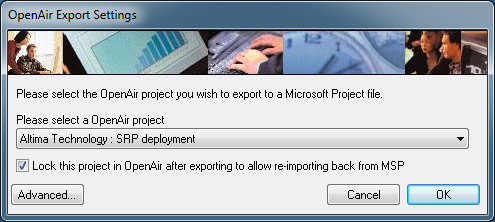 OpenAir Export Settings window in Microsoft Project using the OpenAir toolbar add-in.