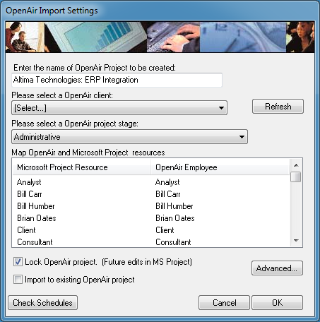 OpenAir Import Settings window in Microsoft Project using the OpenAir toolbar add-in.