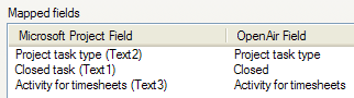 Advanced OpenAir Export Settings Field Mapping tab showing Mapped fields in Microsoft Project using the OpenAir toolbar add-in.