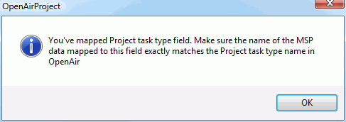 Field mapping confirmation dialog in Microsoft Project using the OpenAir toolbar add-in.