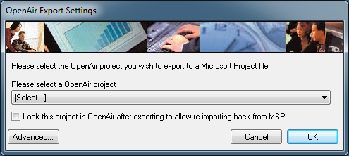 OpenAir Export Settings Window in Microsoft Project using the OpenAir toolbar add-in.