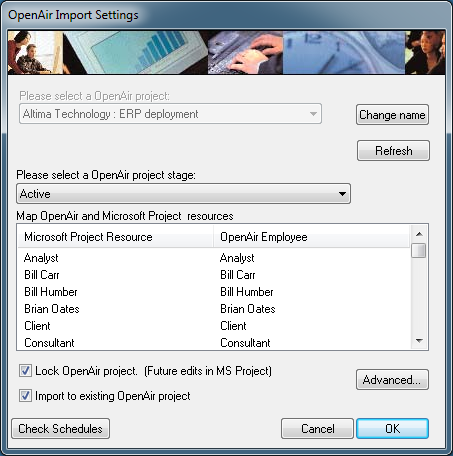 OpenAir Import Settings window in Microsoft Project using the OpenAir toolbar add-in.