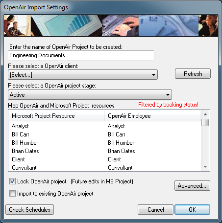 OpenAir Import Settings window in in Microsoft Project using the OpenAir toolbar add-in.