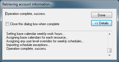 Retreiving OpenAir account information Dialog box in Microsoft Project.