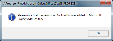 Dialog confirming that the OpenAir toolbar was added to Microsoft Project add-ins.