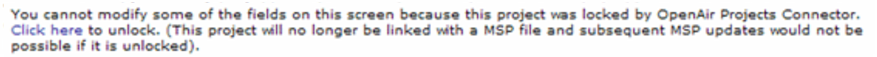 Locked project message on the Project properties form in OpenAir.