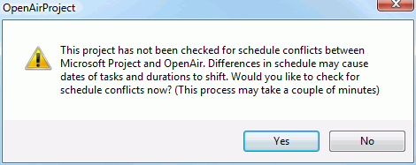 Schedule conflict check warning dialog in Microsoft Project using the OpenAir toolbar add-in.