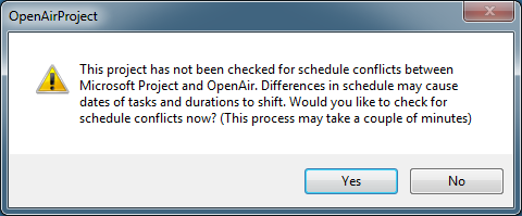 Dialog prompting you to check for schedule conflicts in Microsoft Project using the OpenAir toolbar add-in.