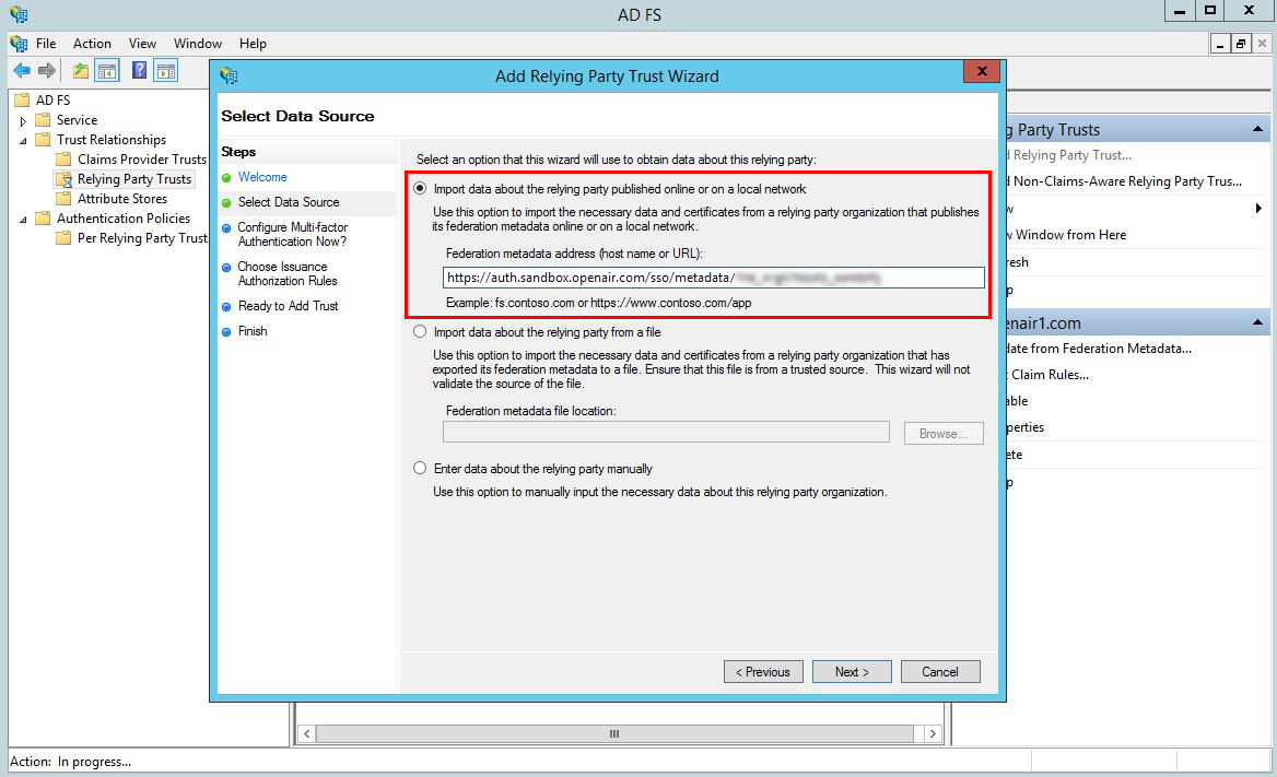 Add Relying Party Trust Wizard window in Microsoft ADFS 3.0