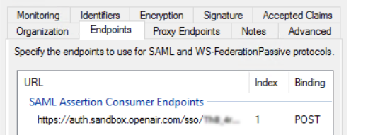 Relying party properties window in Microsoft ADFS 3.0 - Endpoints tab.