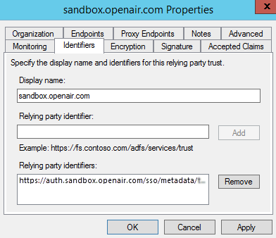 Relying party properties window in Microsoft ADFS 3.0 - Identifiers tab.