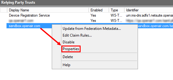 Relying party trust context menu (right-click) for the selected item on Microsofte ADFS 3.0