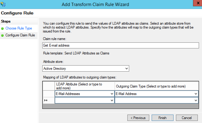 Configuring "Send LDAP Attributes as Claims" transform claim rule in Microsoft ADFS 3.0.