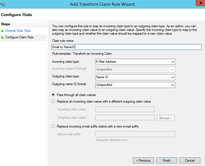 Configuring "Transforming an incoming Claim" rule in Microsoft ADFS 3.0.