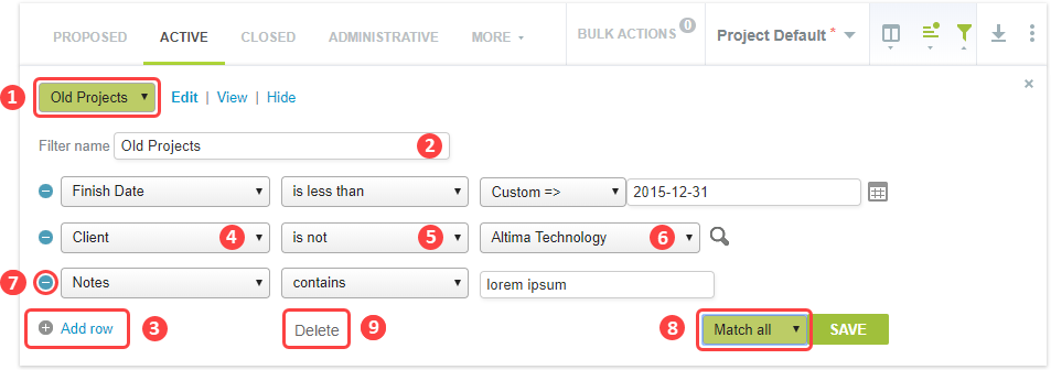 Advanced filters panel