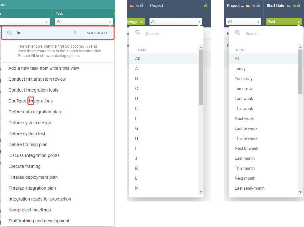 Distinct values, alphabetical, and date column filters.