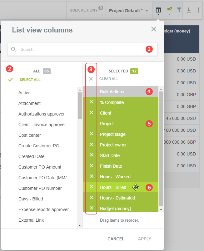 List view columns panel