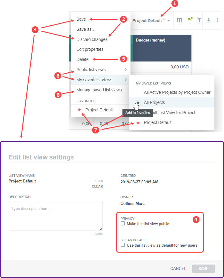 Custom list view configurations functionality