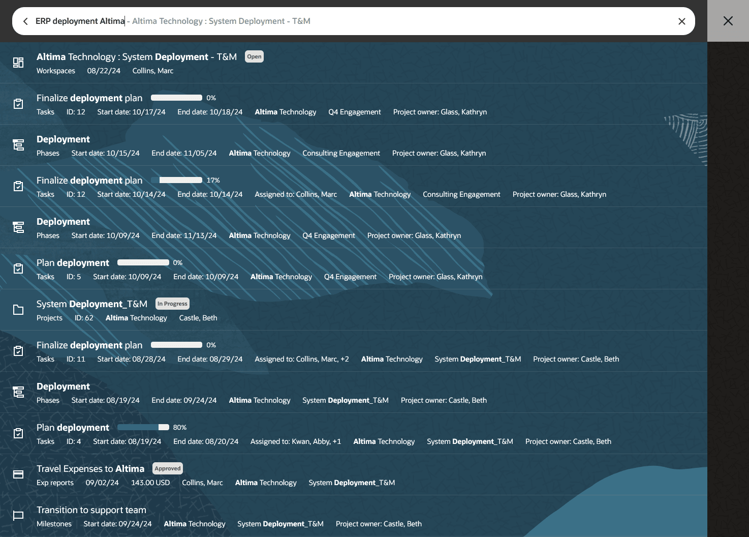 Search phrase and search results on the global search page.