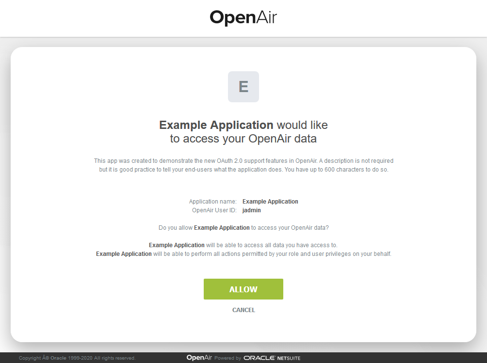 Oauth2.0 user authorization dialog in OpenAir