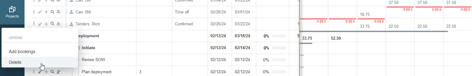 Deleting a booking on the Project Center view.