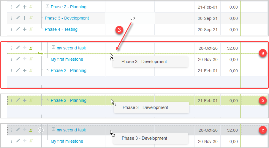 Dragging a task to change the project sequence.