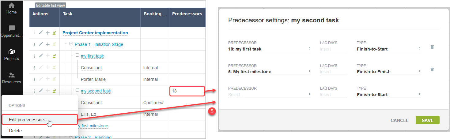 Editting predecessor settings for a task on the project Center View