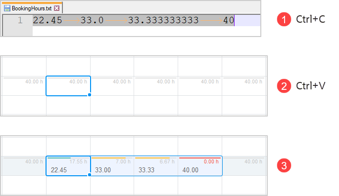 Four numerical values copied from a text file and copied into the project center booking worksheet