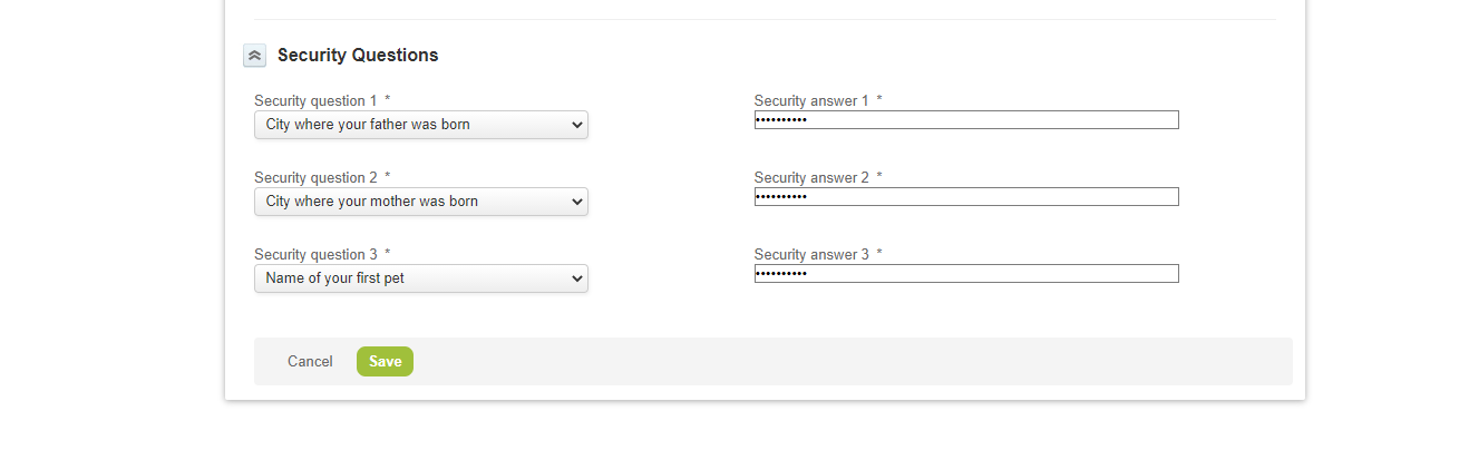 Security Questions section of the Password form in OpenAir.