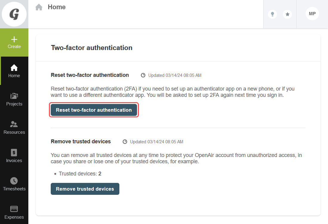 Two-factor authentication user preferences page.