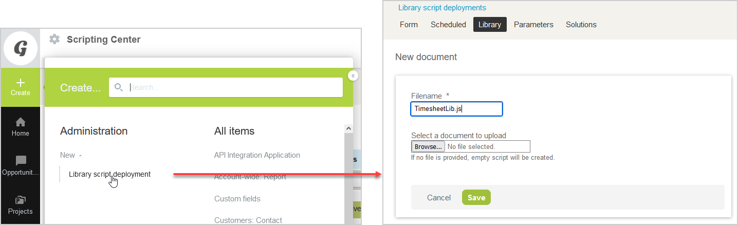 Adding a new library script using the Create menu.