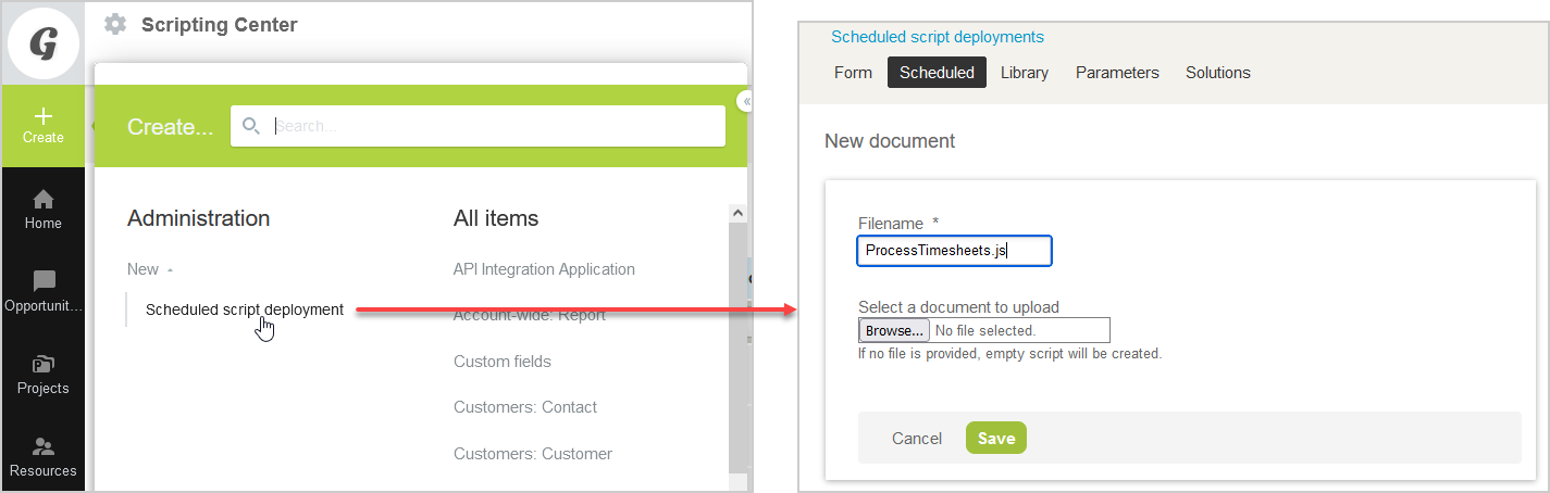 Adding a new scheduled script deployment using the Create menu.