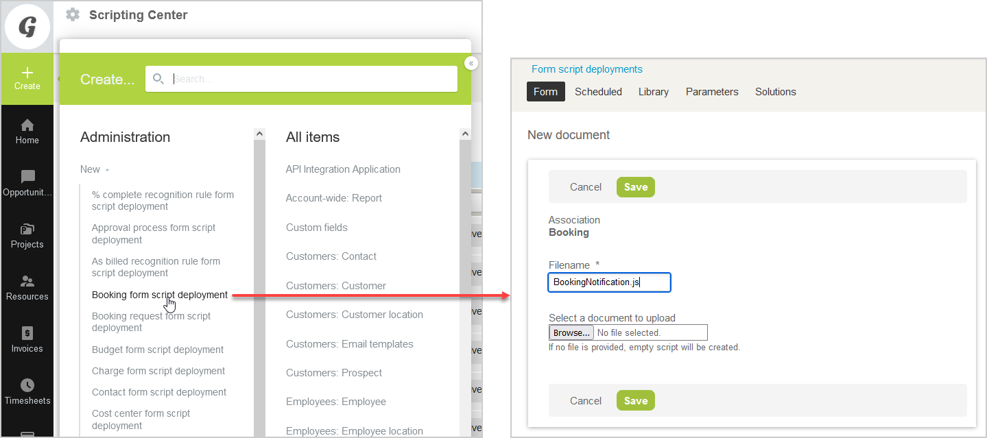 Adding a new form script deployment using the Create menu.