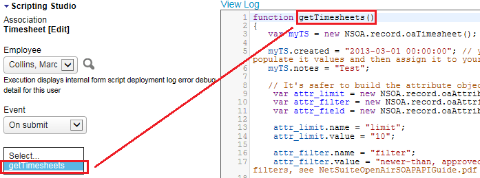 Scripting studio showing an example of form script and the entrance function.