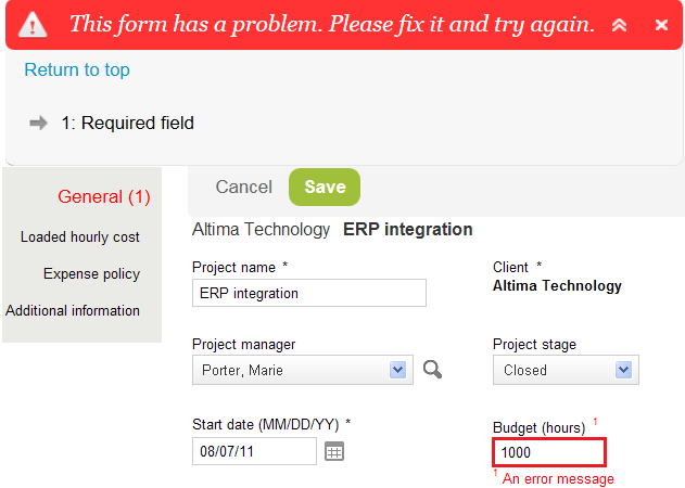 Example of error message shown using the NSOA.form.error function.