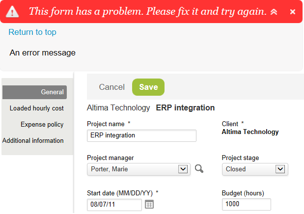 Example of error message shown using the NSOA.form.error function.