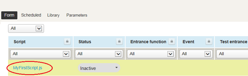 Form script deployments list view in the OpenAir Scripting Center.