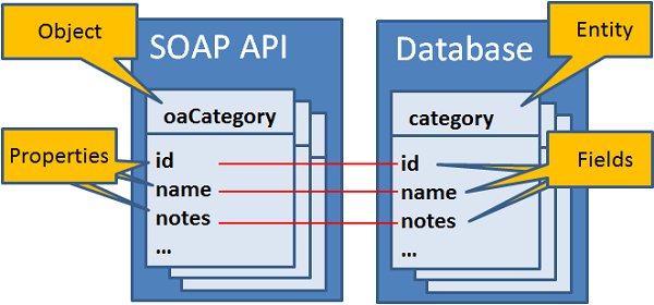 Illustration of the relationshop between SOAP API objects and database entity.