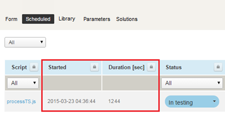 Scheduled script deployments list view showing the last run start time and duration for each script.