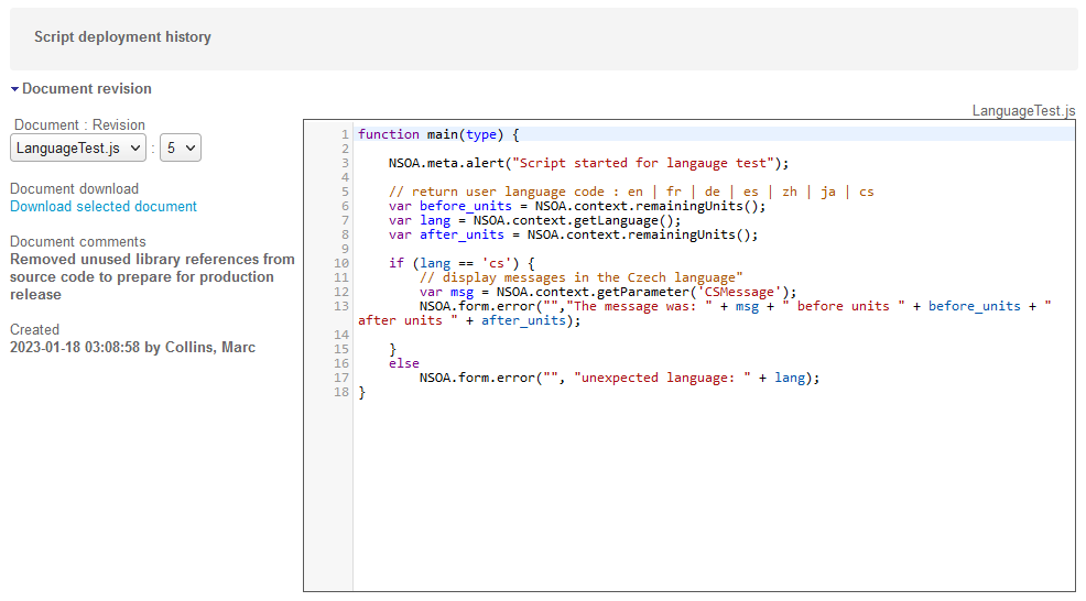 Script deployment history page