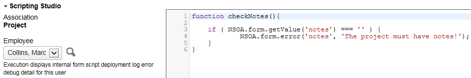 User selection in theScripting Studio tools and settings pane.