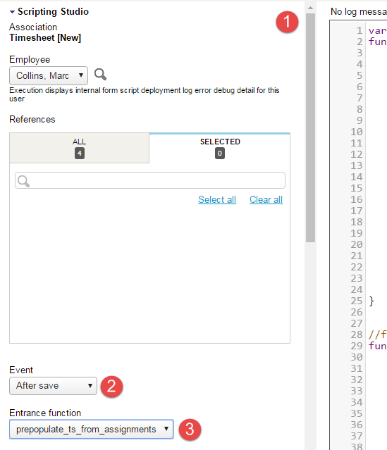 Scripting Studio tools and settings panel showing the form association, the user event association and the selected entrance function.