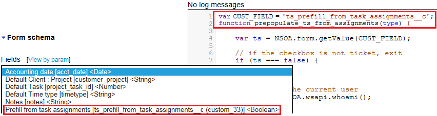 Scripting Studio form schema explorer listing the "Prefill from task assignments" custom field.