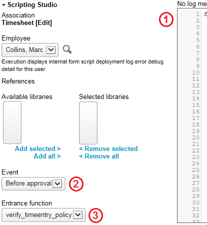 Scripting Studio tools and settings panel showing the form association, the user event association and the selected entrance function.